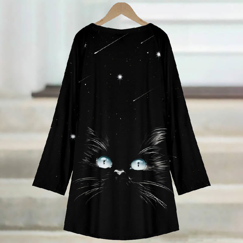 Women's Starry Meteor Sky Abstract Cat Face Print Casual Long Sleeve Tunic - image 3