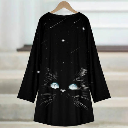 Women's Starry Meteor Sky Abstract Cat Face Print Casual Long Sleeve Tunic - image 3