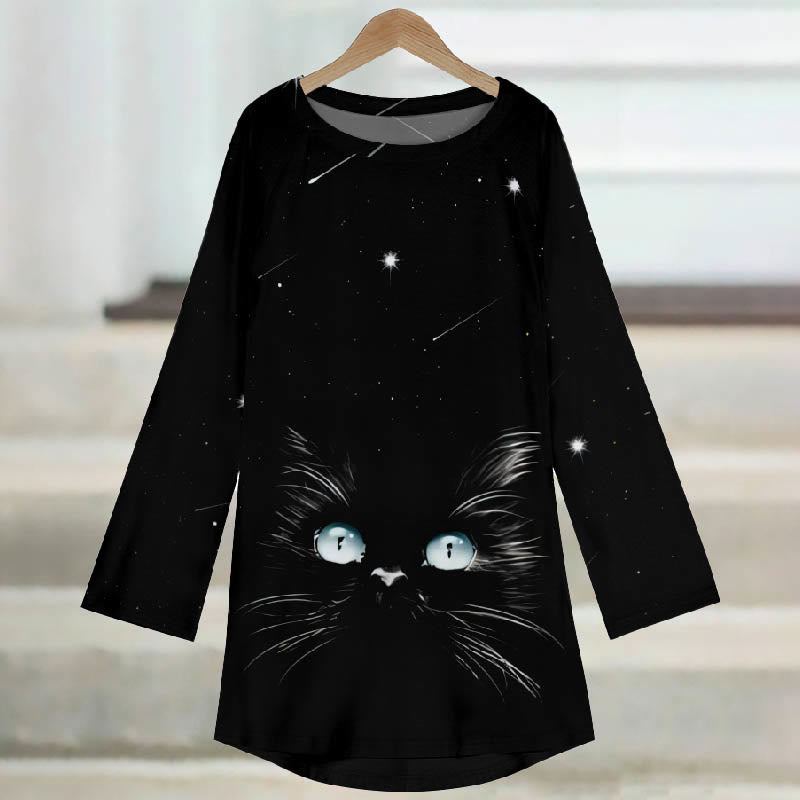 Women's Starry Meteor Sky Abstract Cat Face Print Casual Long Sleeve Tunic - image 2