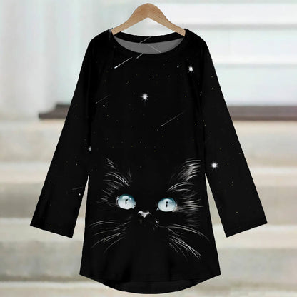 Women's Starry Meteor Sky Abstract Cat Face Print Casual Long Sleeve Tunic - image 2