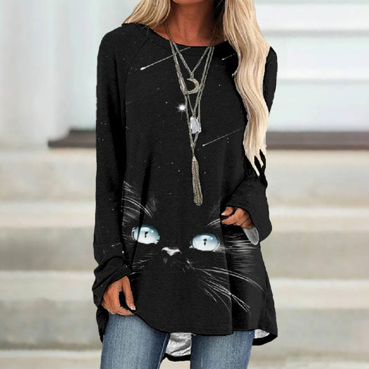 Women's Starry Meteor Sky Abstract Cat Face Print Casual Long Sleeve Tunic - Black - 8XL - image 1