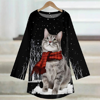 Women's Lovely Winter Snowy Scarf Cat Print Casual Long Sleeve Tunic - image 2