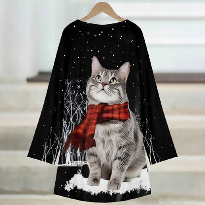 Women's Lovely Winter Snowy Scarf Cat Print Casual Long Sleeve Tunic - image 3