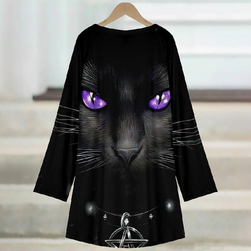 Women's Mysterious Purple Eyes Ink Cat Print Casual Long Sleeve Tunic - image 3