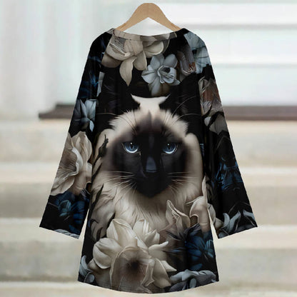 Women's Vintage Floral Siamese Cat Art Print Casual Long Sleeve Tunic - image 3