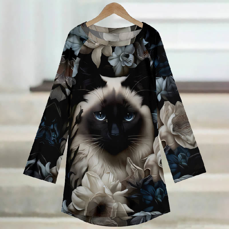 Women's Vintage Floral Siamese Cat Art Print Casual Long Sleeve Tunic - image 2