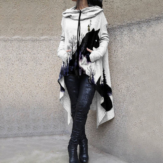 Women's Secret Forest Long Tail Cat Art Print Casual Hoodie - Grey - 8XL - image 1