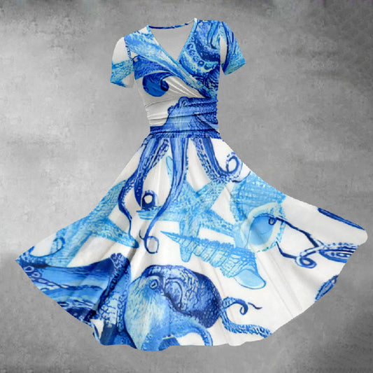 Women's Fantasy Watercolor Octopus Starfish Shell Print Midi Dress - Blue - 5XL - image 1