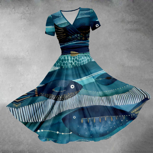 Women's Funny Striped Ocean Fish Art Print Midi Dress - Blue - 5XL - image 1