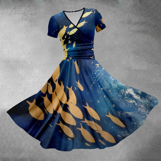 Women's Lovely Small Fish School Art Print Midi Dress - Blue - 5XL - image 1