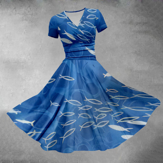 Women's Abstract Watercolor Fish School Art Print Midi Dress - Blue - 5XL - image 1