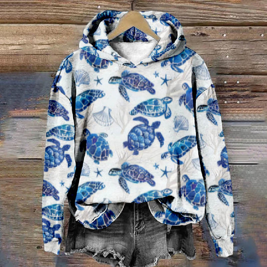 Ombre Lovely Sea Turtles Casul Print Casual Long Sleeve Hoodie - White - 8XL - image 1