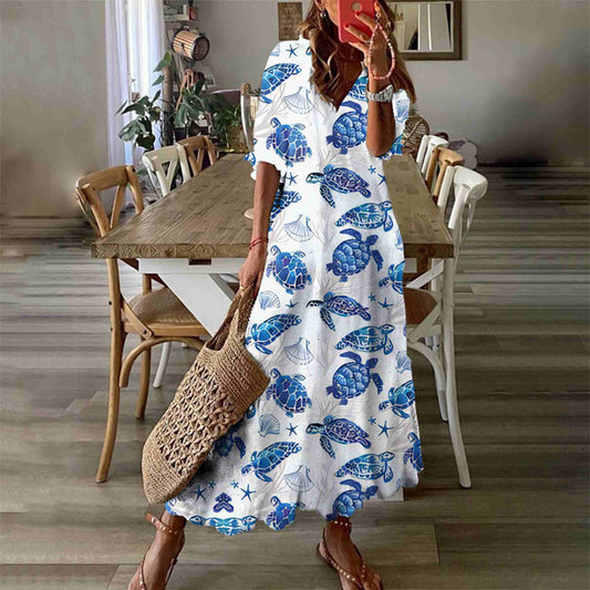 Ombre Lovely Sea Turtles Casul Print Short Sleeve V-neck Maxi Dress - Blue - 6XL - image 1