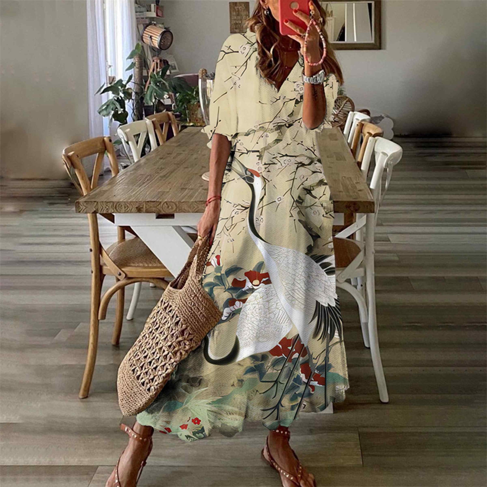 Women's Oil Painting Chirping Crane Floral Print Short Sleeve V-neck Maxi Dress - Apricot - 6XL - image 1