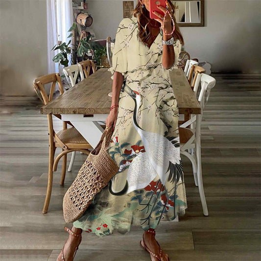Women's Oil Painting Chirping Crane Floral Print Short Sleeve V-neck Maxi Dress - Apricot - 6XL - image 1
