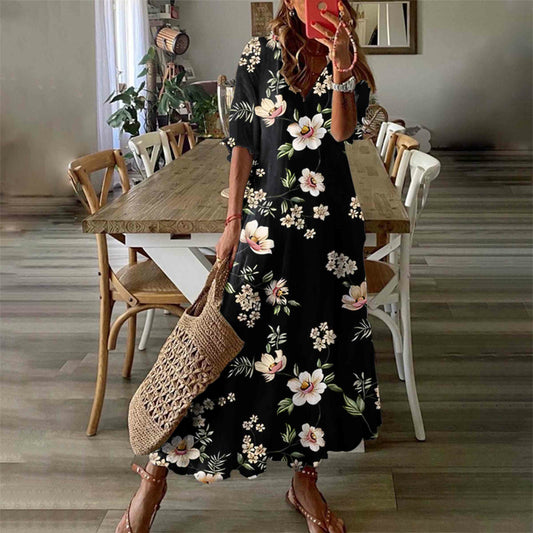 Women's Japanese Plant Floral Print Short Sleeve V-neck Maxi Dress - Black - 6XL - image 1