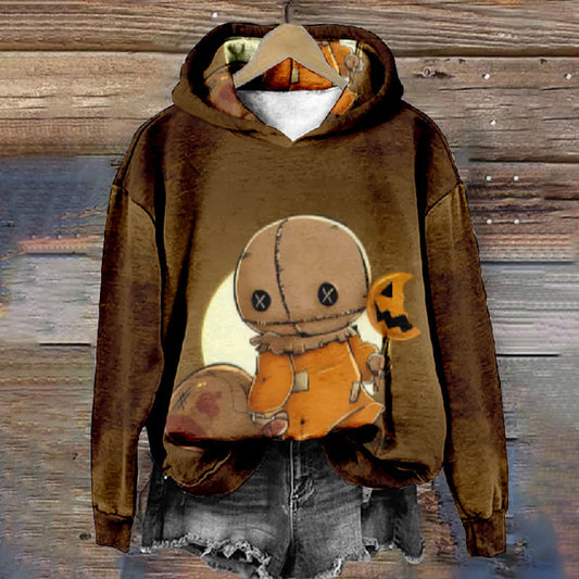 Halloween Funny Alien Holding Pumpkin Moon Print Casual Long Sleeve Hoodie - Brown - 8XL - image 1