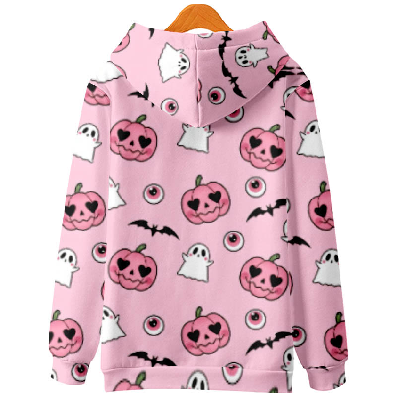 Halloween Cute Pumpkin Ghost Eyeballs Bats Print Casual Long Sleeve Hoodie - image 2