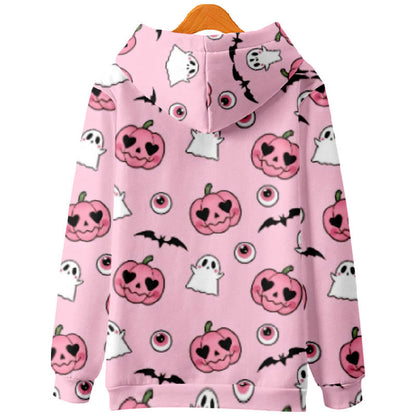 Halloween Cute Pumpkin Ghost Eyeballs Bats Print Casual Long Sleeve Hoodie - image 2