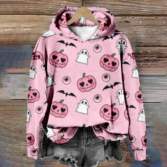 Halloween Cute Pumpkin Ghost Eyeballs Bats Print Casual Long Sleeve Hoodie - Pink - 8XL - image 1