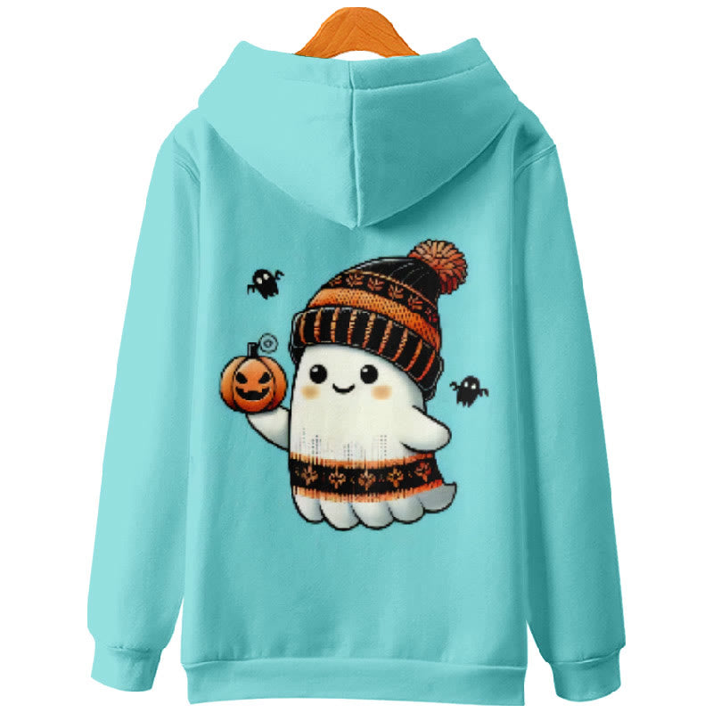 Halloween Winter Cartoon Ghost Holding Pumpkin Print Casual Long Sleeve Hoodie - image 2