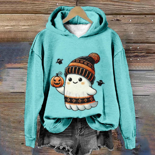 Halloween Winter Cartoon Ghost Holding Pumpkin Print Casual Long Sleeve Hoodie - Sky Blue - 8XL - image 1