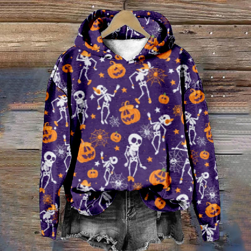 Halloween Funny Spider Web Pumpkin Skull Print Casual Long Sleeve Hoodie - Purple - 8XL - image 1