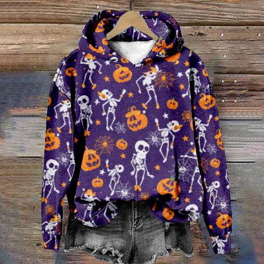 Halloween Funny Spider Web Pumpkin Skull Print Casual Long Sleeve Hoodie - Purple - 8XL - image 1