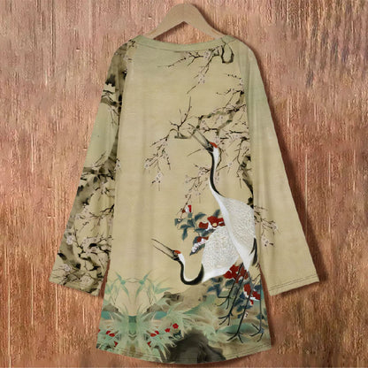 Women's Oil Painting Chirping Crane Floral Print Long Sleeve Tunic - image 3