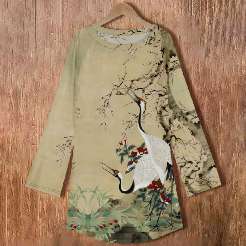 Women's Oil Painting Chirping Crane Floral Print Long Sleeve Tunic - image 2