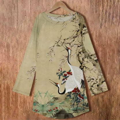 Women's Oil Painting Chirping Crane Floral Print Long Sleeve Tunic - image 2