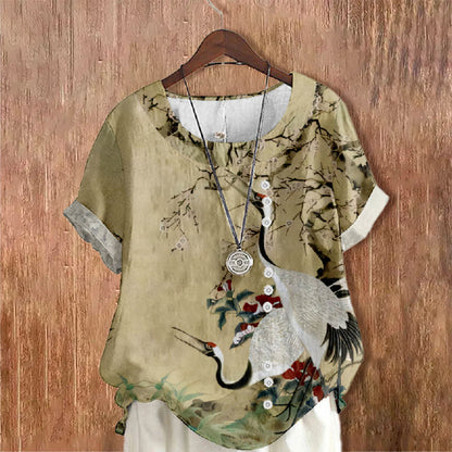 Women's Oil Painting Chirping Crane Floral Print Casual Blouse - image 1