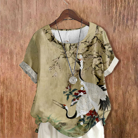 Women's Oil Painting Chirping Crane Floral Print Casual Blouse - image 1