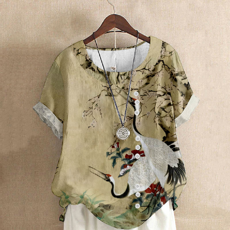 Women's Oil Painting Chirping Crane Floral Print Casual Blouse - Apricot - 5XL - image 2
