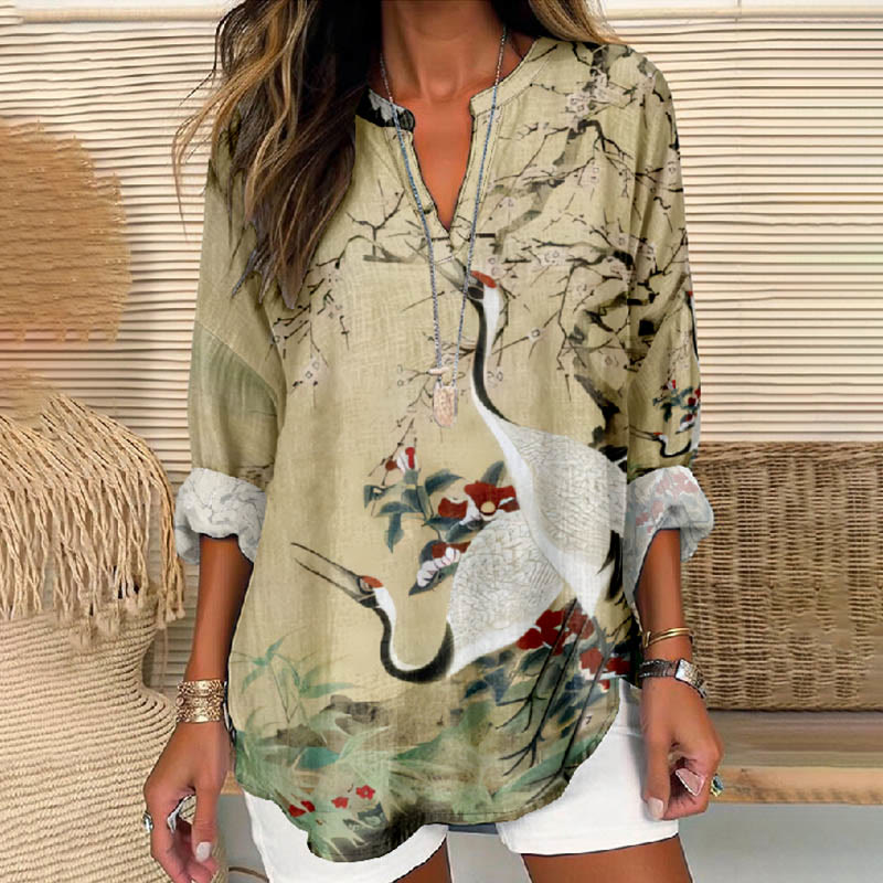 Women's Oil Painting Chirping Crane Floral Print V Neck Long Sleeve Blouse - Apricot - 8XL - image 1
