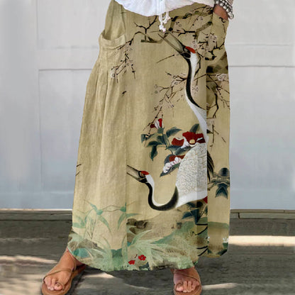 Women's Oil Painting Chirping Crane Floral Print Casual Pocket Skirt - Apricot - 5XL - image 1