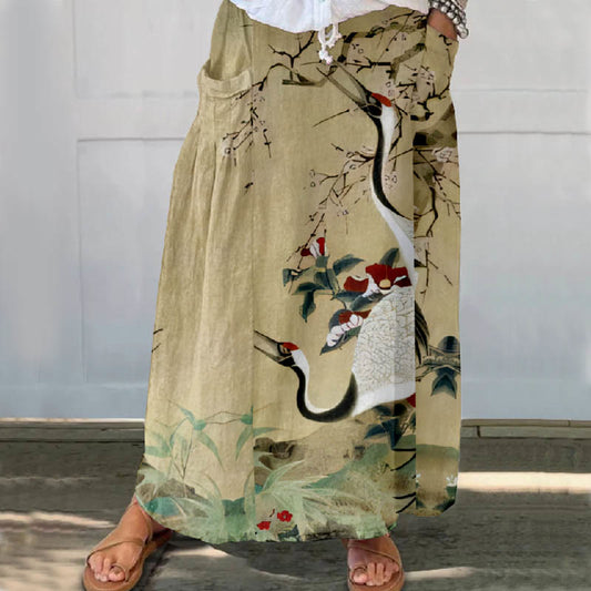 Women's Oil Painting Chirping Crane Floral Print Casual Pocket Skirt - Apricot - 5XL - image 1