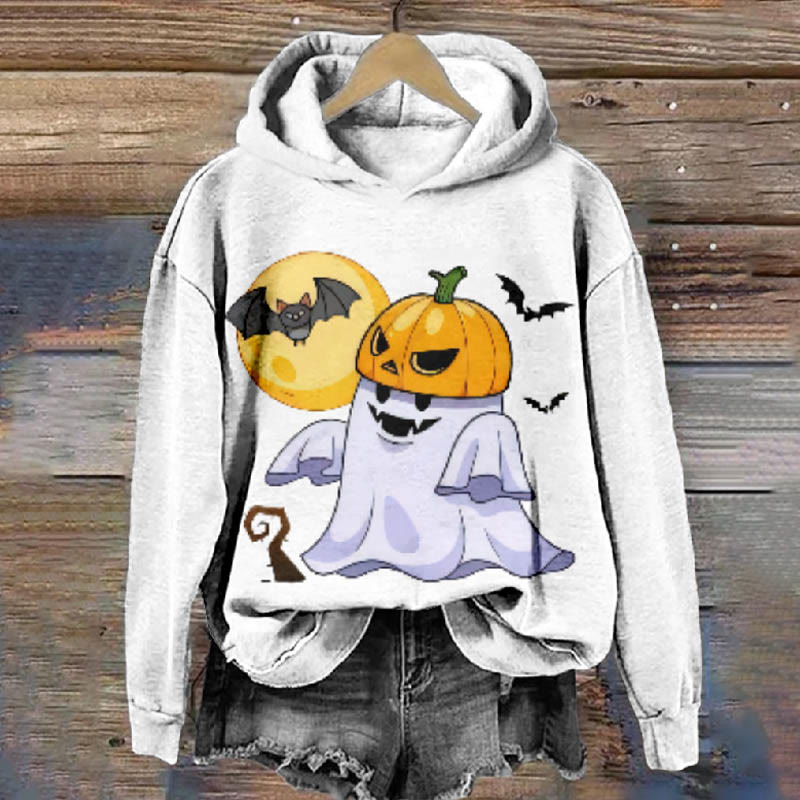 Halloween ghost with pumpkin hat Print Casual Long Sleeve Hoodie - White - 8XL - image 3
