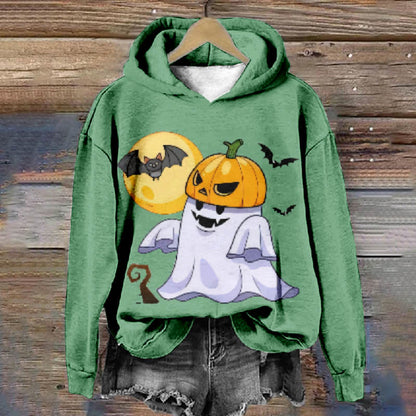 Halloween ghost with pumpkin hat Print Casual Long Sleeve Hoodie - Green - 8XL - image 1