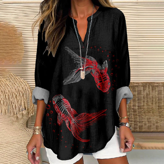 Women's Creative Abstract Bubble Goldfish Printed V Neck Long Sleeve Blouse - Black - 8XL - image 1