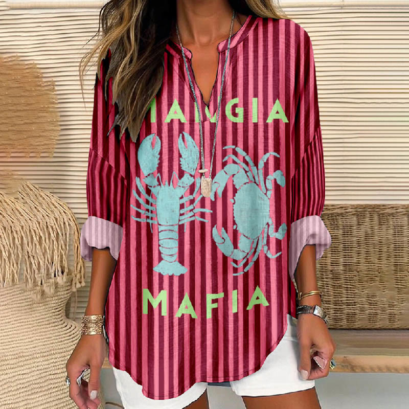 Women's Vintage Striped Lobster And Crab Printed V Neck Long Sleeve Blouse - Red - 8XL - image 1