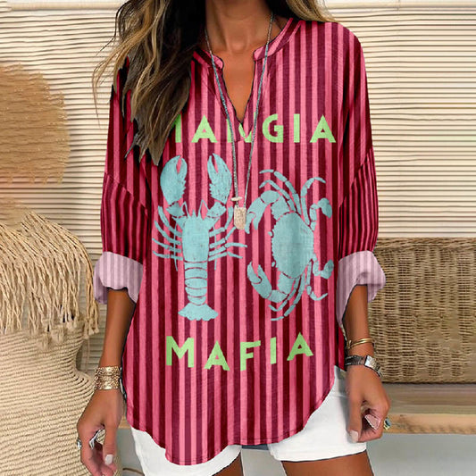 Women's Vintage Striped Lobster And Crab Printed V Neck Long Sleeve Blouse - Red - 8XL - image 1