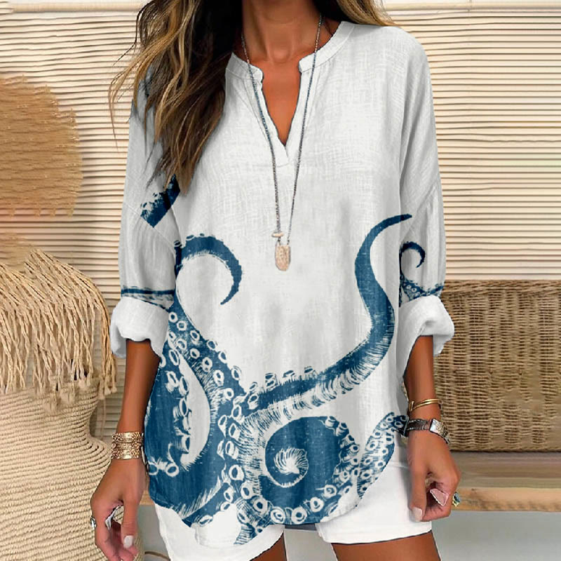 Women's Vintage Blue Octopus Tentacle Printed V Neck Long Sleeve Blouse - White - 8XL - image 1