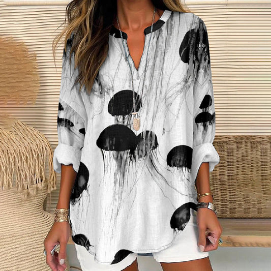 Women's Ink Watercolor Jellyfish Printed V Neck Long Sleeve Blouse - Black - 8XL - image 1
