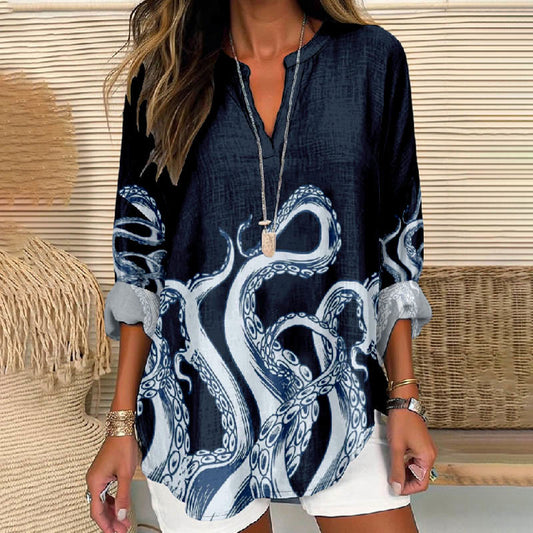 Women's Creative Watercolor Octopus Tentacle Printed V Neck Long Sleeve Blouse - Dark Blue - 8XL - image 1