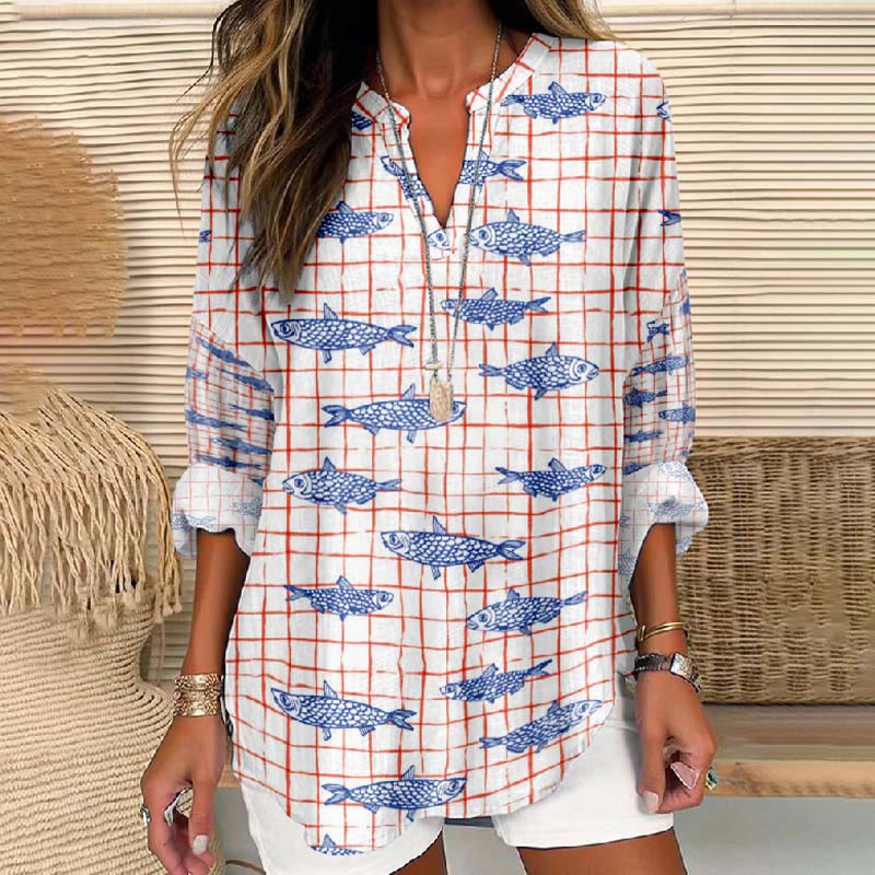 Women's Funny Grid Watercolor Clownfish Printed V Neck Long Sleeve Blouse - Red - 8XL - image 1