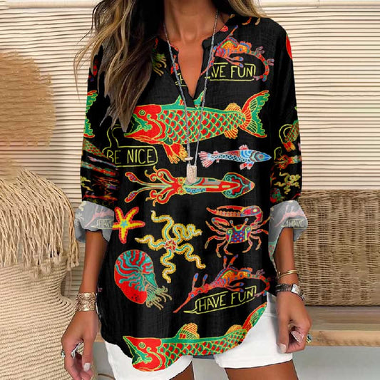 Women's Creative Colorful Ocean Animals Patchwork Printed V Neck Long Sleeve Blouse - Multicolor - 8XL - image 1
