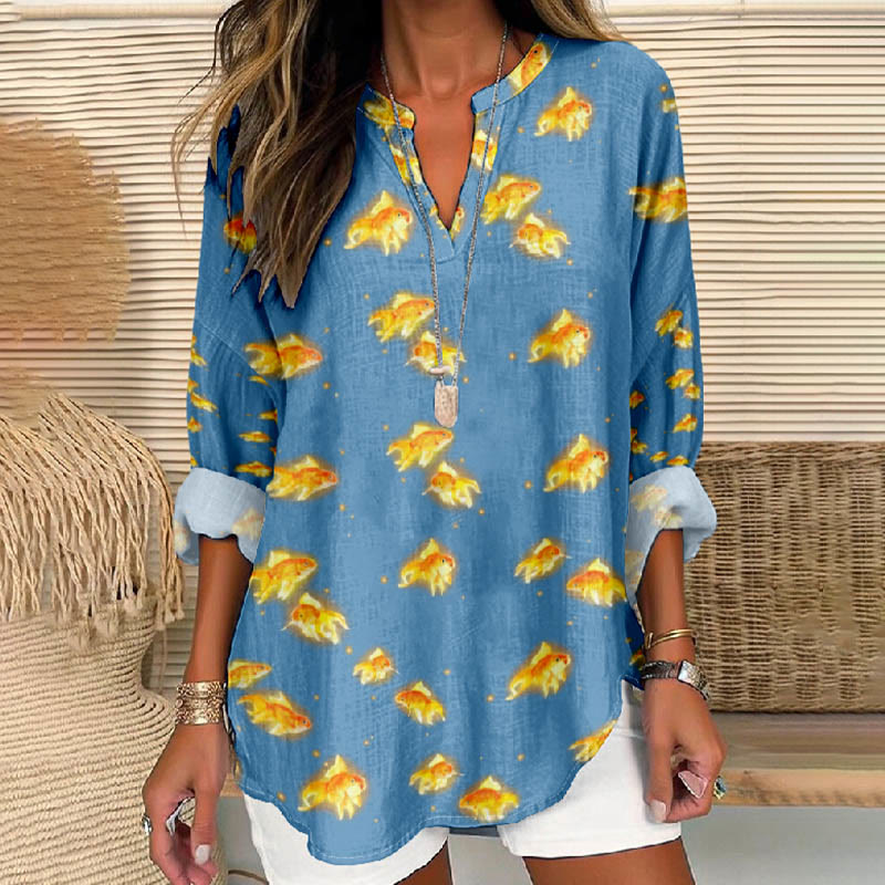 Women's Lovely Blowing Jellyfish Printed V Neck Long Sleeve Blouse - Light Blue - 8XL - image 1