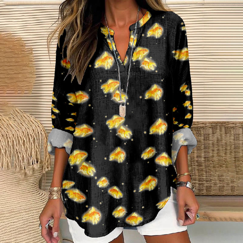 Women's Lovely Blowing Jellyfish Printed V Neck Long Sleeve Blouse - Black - 8XL - image 3