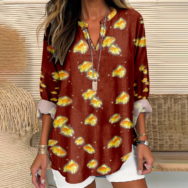 Women's Lovely Blowing Jellyfish Printed V Neck Long Sleeve Blouse - Wine - 8XL - image 4